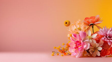 A stunning color palette of vibrant flowers arranged beautifully against a soft gradient background, perfect for spring and summer themes, adding freshness and elegance.の素材