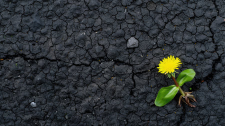 A striking dandelion flower emerges from cracked and dry soil, symbolizing nature's resilience and beauty in harsh environments with vibrant colors.の素材