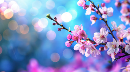 A stunning close-up view of a cherry blossom branch displaying delicate pink flowers against a soft bokeh background, capturing the essence of spring and beauty.の素材