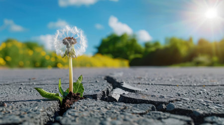 A striking dandelion emerges from a crack in the pavement, showcasing nature's resilience against urban landscapes under a bright sky.の素材