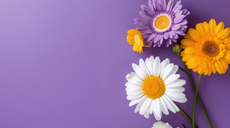 A stunning floral arrangement featuring bright daisies and gerbera flowers on a rich purple background, capturing the essence of freshness and natural beauty.の素材
