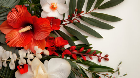 This stunning arrangement showcases vibrant tropical flowers, including hibiscus and orchids, complemented by lush green leaves, ideal for enhancing any decor.の素材