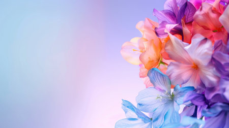A stunning arrangement of colorful blooming flowers against a soft, pastel background. This image conveys joy and tranquility, perfect for design projects.の素材