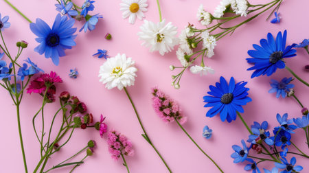 A vibrant and colorful arrangement of fresh wildflowers on a soft pink background, showcasing the beauty of nature and artistic design for various projects.の素材