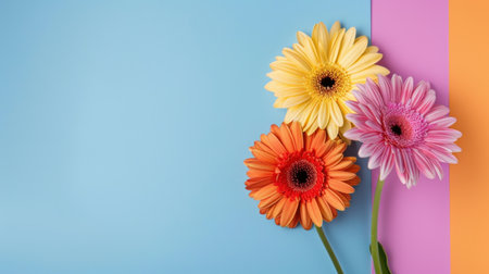 This image showcases three stunning gerbera daisies in bright colors against a blue and pink background, perfect for floral arrangements and nature-themed designs.の素材