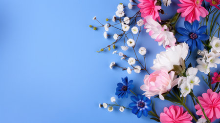 A vibrant and colorful floral arrangement featuring an assortment of flowers and greenery on a soft blue background. Perfect for design projects and decorations.の素材