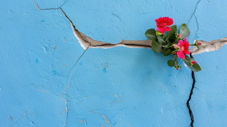 A striking image showcasing a vibrant pink flower emerging through a crack in a textured blue wall, symbolizing resilience and beauty within adversity.の素材