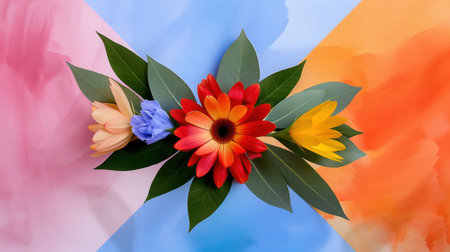 This striking floral arrangement features a blend of vibrant flowers against a soft watercolor backdrop, capturing the essence of nature's beauty.の素材