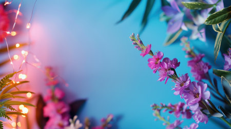 A stunning floral arrangement featuring vibrant pink and purple flowers enhanced by decorative lights, set against a soothing blue background. Ideal for various design projects.の素材