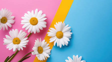 This bright composition features lively daisies arranged on a pink and blue backdrop, accented with yellow stripes, perfect for cheerful designs.の素材
