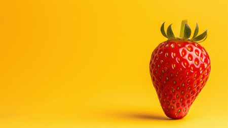 A vibrant red strawberry stands against a bright yellow background, showcasing its freshness and appeal. Perfect for food-related concepts and health themes.の素材