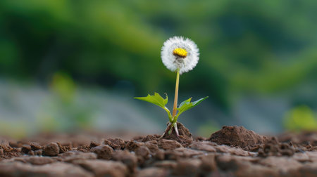 This image features a lone dandelion flower with soft, fluffy seeds prominently displayed against a blurred green background, representing resilience and beauty in nature.の素材