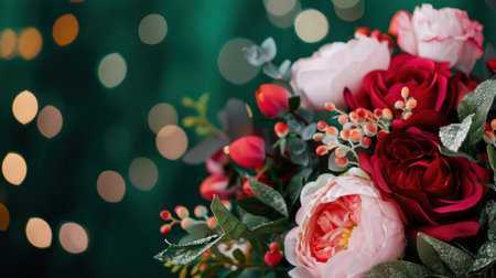 A stunning display of assorted flowers in rich hues of red and pink, set against a dreamy, softly blurred background with festive bokeh lights.の素材