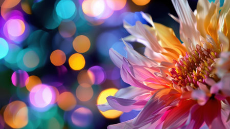 A stunning close-up of a vibrant flower showcasing delicate petals, enhanced by a dreamy bokeh background of colorful lights, creating a captivating atmosphere.の素材