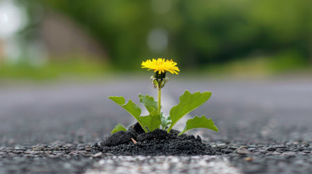 A vibrant dandelion pushes through cracked asphalt, symbolizing resilience in an urban setting. The bright yellow flower stands against the muted tones, showcasing nature's endurance and beauty.の素材