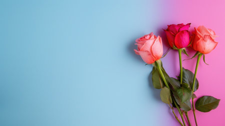 A stunning bouquet of vibrant roses against a soft blue and pink background creates a captivating visual. Perfect for romantic themes and special moments.の素材