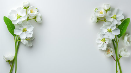 A beautiful arrangement of delicate white flowers with green leaves arranged on a soft light background, perfect for floral decor ideas or seasonal themes.の素材