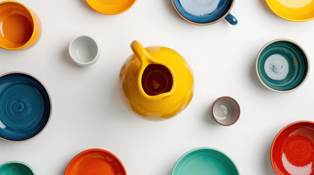 A top view arrangement of colorful ceramic dishware, featuring a bright yellow pitcher surrounded by vibrant plates and bowls on a clean white surface.の素材