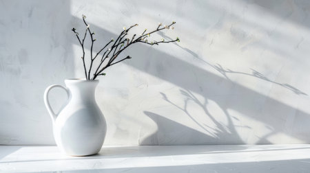 A stunning minimalist composition featuring a white vase with delicate branches casting soft shadows on a bright surface, creating a serene atmosphere.の素材