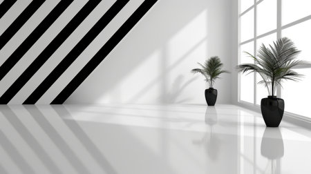 An elegant and modern minimalist indoor space showcasing sleek black and white stripes along the wall, complemented by lush potted plants, emphasizing tranquility.の素材