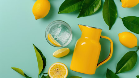 A vibrant composition featuring a bright yellow pitcher, fresh lemons, and green leaves, set against a light blue background, perfect for summer drink inspiration.の素材