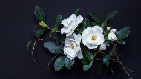 A stunning close-up of elegant white camellia flowers alongside vibrant green leaves and buds, set against a dark background highlighting their beauty.の素材