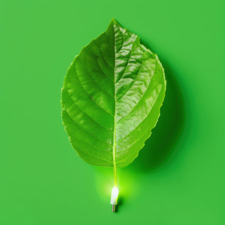 A vivid green leaf illuminated by a light source highlights the intersection of nature and technology, symbolizing sustainability and innovation ideals.の素材