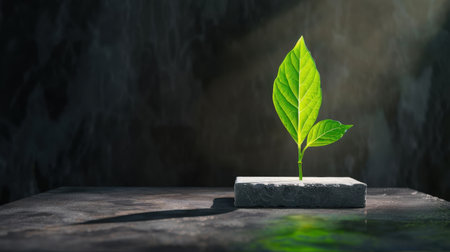A striking image of a vibrant green leaf emerging from a concrete block, beautifully illuminated by natural light. This composition highlights the theme of growth and resilience in an urban setting, evoking a sense of harmony between nature and modernity.の素材