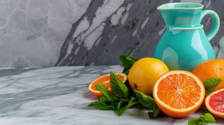 A vibrant arrangement featuring fresh oranges and lemons alongside mint leaves, complemented by a striking teal pitcher, all set against a stylish marble background.の素材
