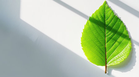 A vivid green leaf rests on a white surface, illuminated by soft sunlight, creating a serene ambiance. Ideal for nature-themed designs or backgrounds.の素材