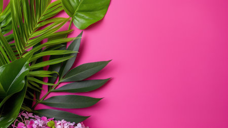 A stunning arrangement of vibrant tropical leaves set against a bright pink background, perfect for creative projects, and design inspiration.の素材