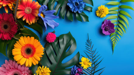 A stunning arrangement of vibrant tropical flowers and lush green leaves against a bright blue background, perfect for floral designs and nature-themed projects.の素材