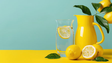 A vibrant arrangement featuring a bright yellow pitcher filled with water, fresh lemons, and a glass on a cheerful background, perfect for summer.の素材