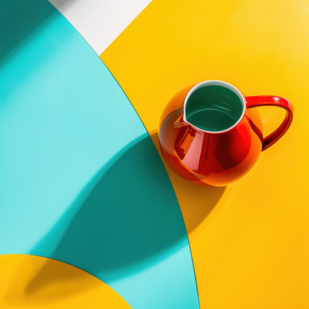 A striking composition featuring a colorful jug against a bright geometric background. The interplay of teal, yellow, and white shapes creates a modern, artistic feel, perfect for kitchen decor and design inspiration.の素材