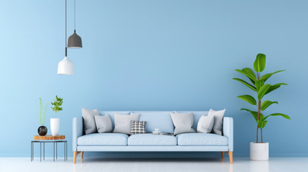 A cozy living room featuring a light blue wall, a modern couch adorned with soft pillows, and vibrant indoor plants. This serene setting offers a perfect blend of comfort and style, ideal for home decor ideas and inspiration.の素材