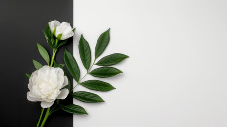 A stunning composition of elegant white peonies and lush green leaves on a minimalist black and white background, perfect for modern design projects.の素材