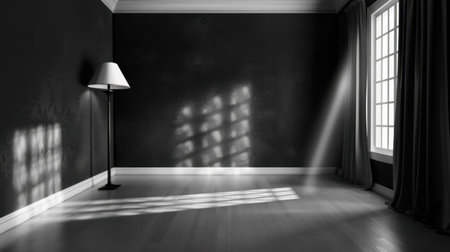 A serene and artistic black and white photograph capturing an empty room with black walls, a floor lamp, and natural light casting shadows.の素材