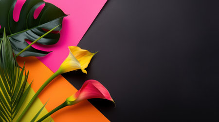 A stunning display of vibrant calla lilies paired with tropical leaves against a striking colorful background. Perfect for floral design projects.の素材