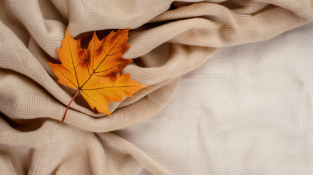 This image captures the essence of autumn with a vibrant orange maple leaf resting on soft beige fabric. The warm tones evoke a cozy atmosphere, ideal for seasonal decor themes. The natural textures create a calm and inviting aesthetic, perfect for various design projects.の素材