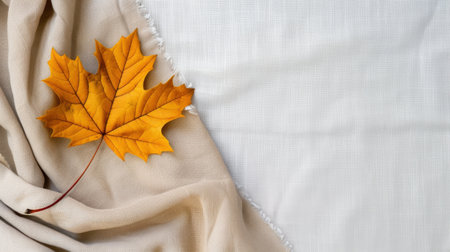 A vivid autumn leaf rests elegantly on soft fabric, showcasing warm colors and intricate textures, perfect for seasonal decor and nature-inspired themes.の素材