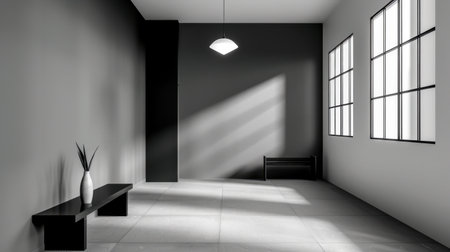 This image showcases a modern minimalist interior with geometric shapes and natural light, creating an elegant and tranquil atmosphere perfect for design inspiration.の素材