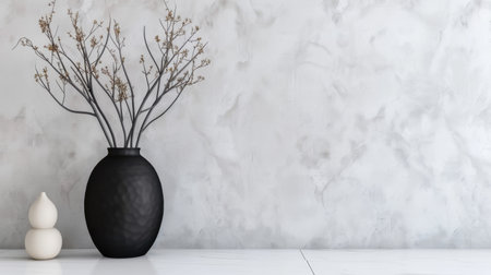 A stylish black vase filled with dried branches sits elegantly on a white marble table, set against a soft grey textured wall, ideal for modern home decor.の素材