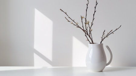This image features a sleek white vase holding delicate branches, beautifully contrasted against a minimalist background. Soft shadows enhance the serene ambiance, perfect for home decor inspiration.の素材