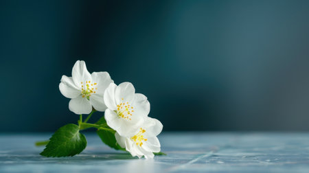 This close-up photograph features delicate white flowers accompanied by lush green leaves, perfectly showcasing their natural beauty against a soft focus background.の素材