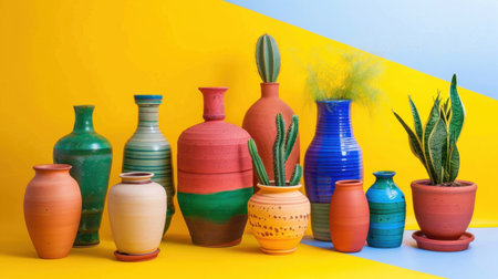 A stunning collection of colorful ceramic vases holding vibrant plants against a striking yellow and blue backdrop, perfect for home decor ideas.の素材