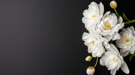This stunning arrangement of white flowers set against a dark background offers a touch of elegance and serenity, ideal for decor or floral designs.の素材