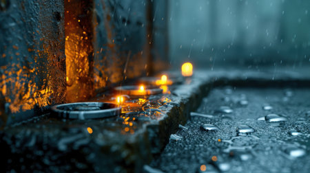 A close-up view of glowing candlelight resting on a stone surface, accentuated by raindrops and reflections, creating a serene and tranquil atmosphere.の素材