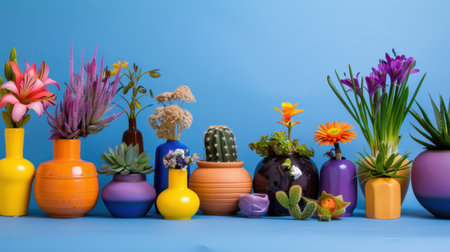 This captivating image showcases a collection of colorful vases filled with fresh flowers and succulents, set against a bright blue background. Ideal for decor.の素材