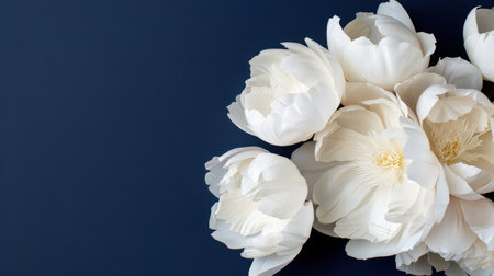 This stunning image features elegant white peonies against a deep blue background, perfect for various artistic and commercial applications. The delicate blooms create a serene atmosphere.の素材