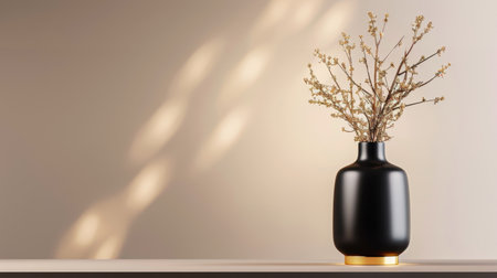 A stylish black vase filled with dried flowers sits on a minimalist shelf. Soft natural light enhances warm tones, creating a serene ambiance perfect for any space.の素材
